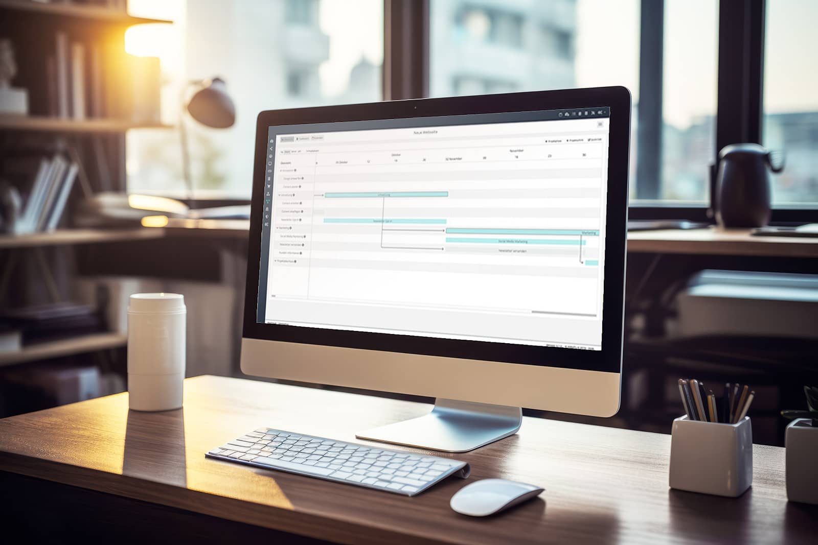 Desktop-Monitor mit Asset Management Dashboard für Behörden – strukturierte Übersicht von Schul- und Standortdaten
