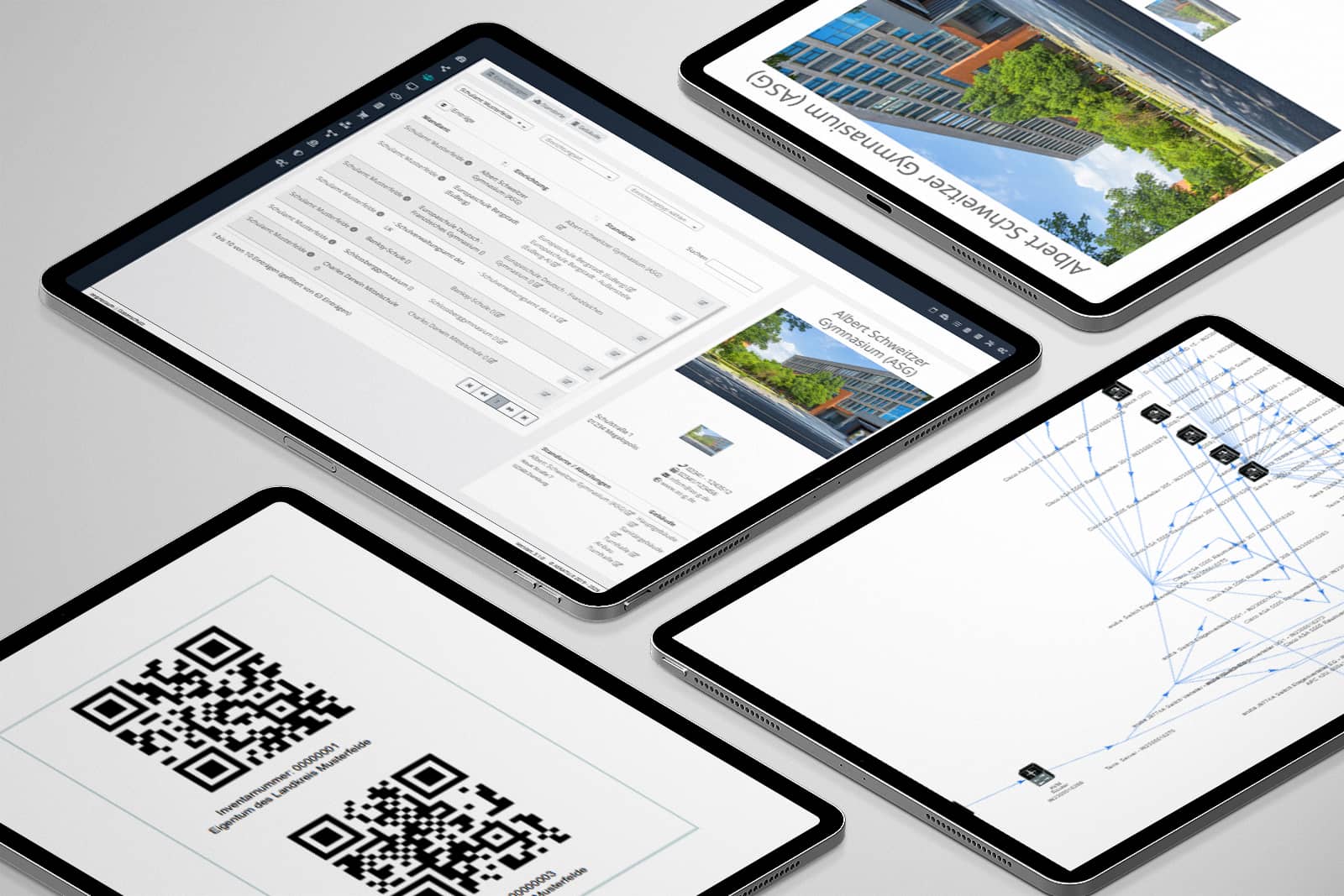 Tablet und Smartphone mit QR-Codes und Softwareoberfläche – digitale Erfassung und Verwaltung von Assets in Schulen