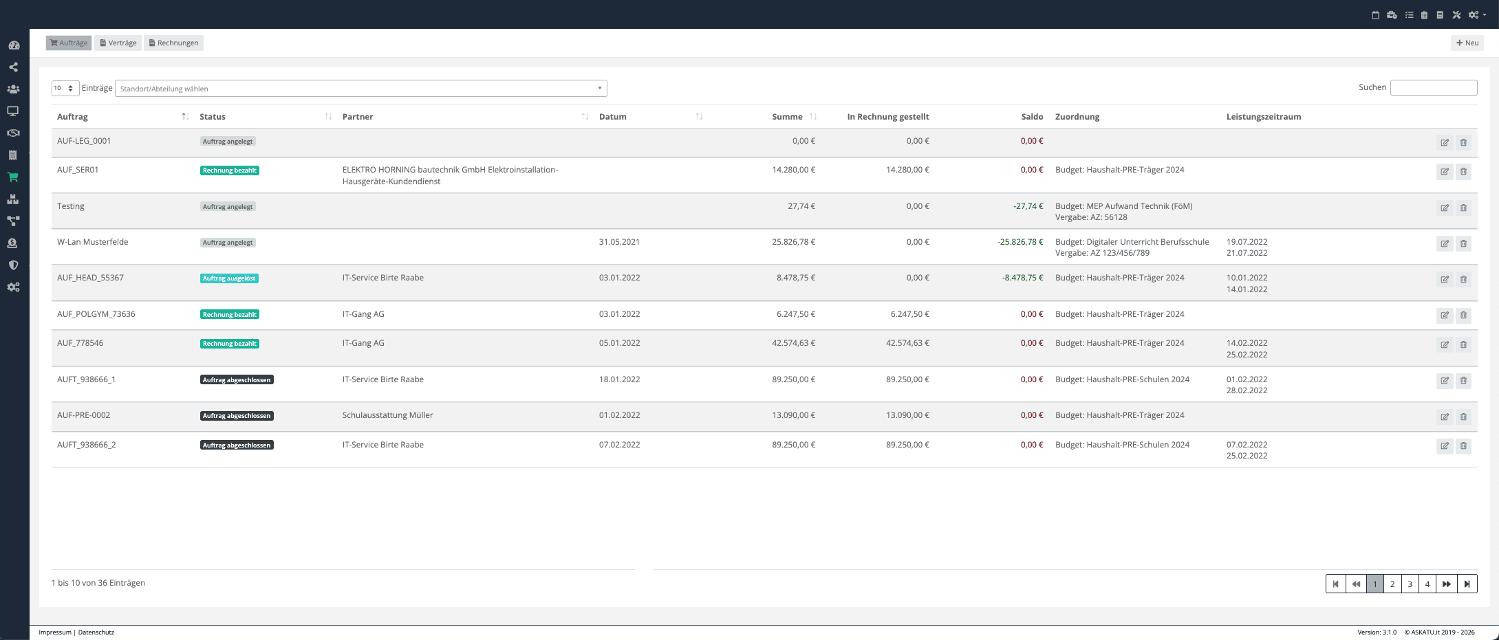 Tabellenansicht der Asset Management Software mit strukturierten Daten zu Standorten und Einrichtungen