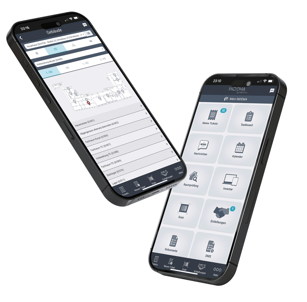 Smartphones mit Darstellung der INDEMA App