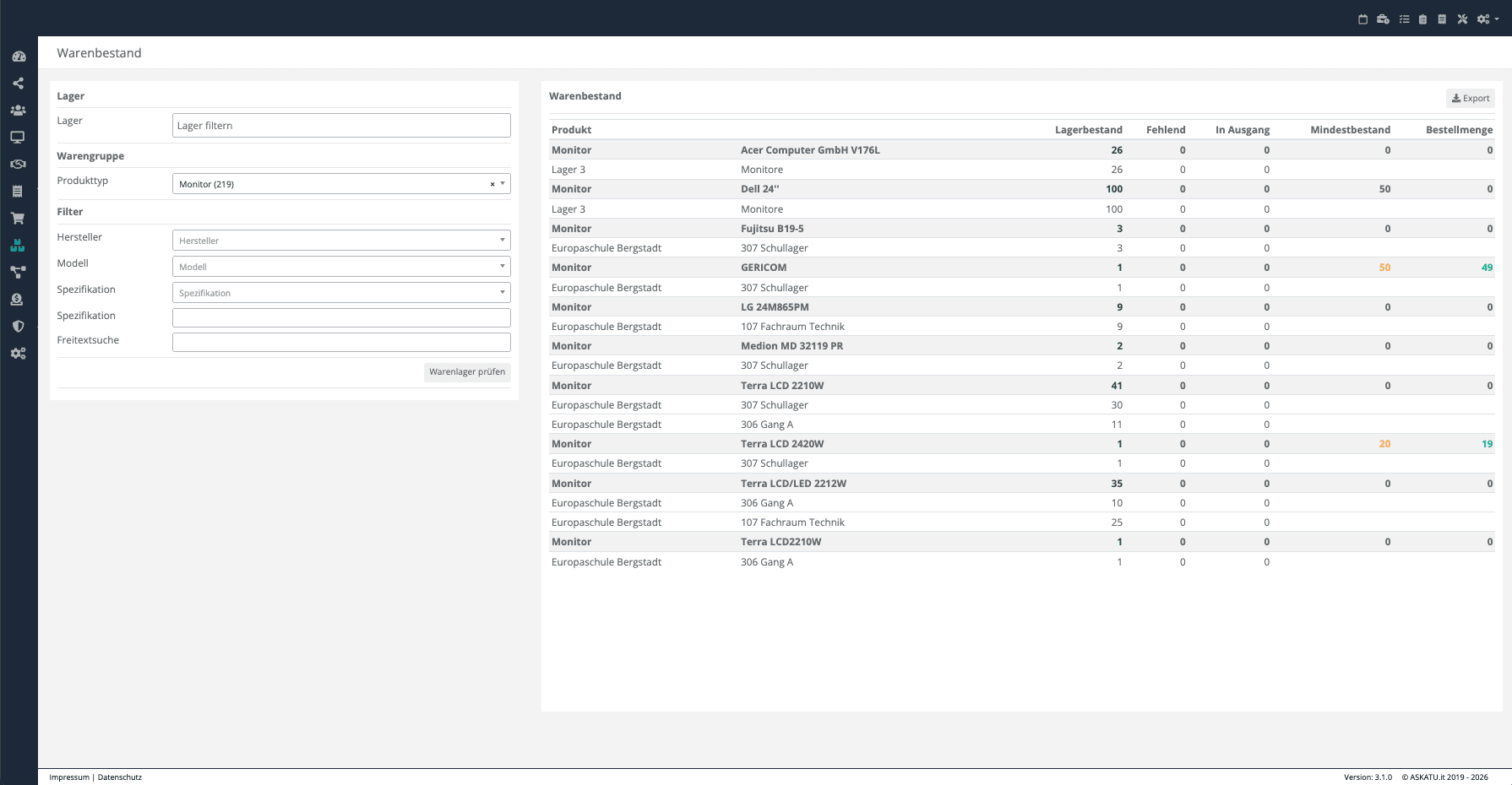 Tabellarische Datenansicht in der Asset Software